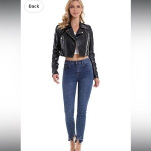Diashiny Black Cropped Croc-Embossed Women's‎ Motor Biker Jacket- Size Small